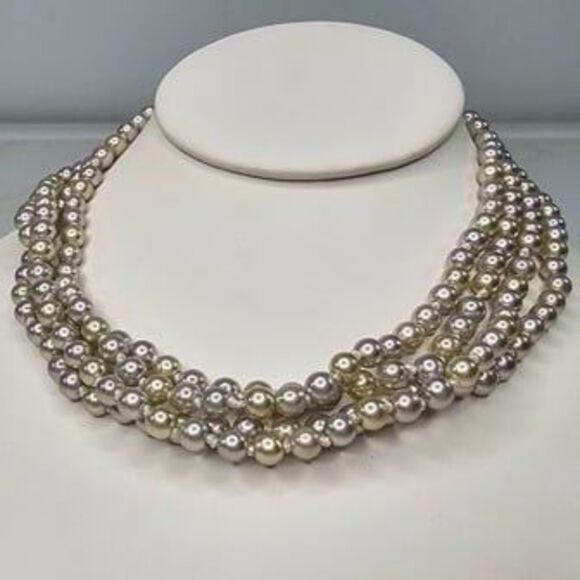 Triple Strand Faux Pearl Lt. Grey, Lt. Yellow Necklace Hook Closure 16"L - Picture 2 of 4